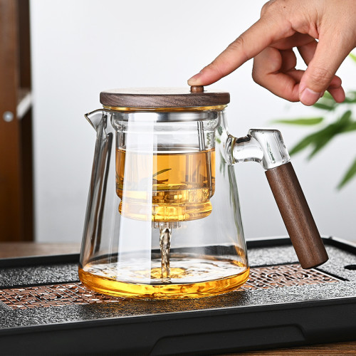 高硼矽木把玻璃飄逸壺家用茶水分離過濾茶壺一鍵式按壓泡茶壺