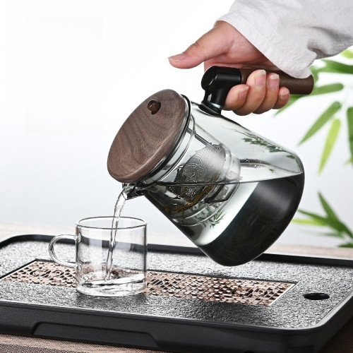 高硼矽木把玻璃飄逸壺家用茶水分離過濾茶壺一鍵式按壓泡茶壺