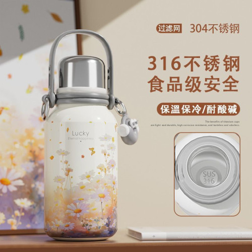 新款316不鏽鋼保溫杯高顔值大容量情侶戶外可攜式水壺帶提手