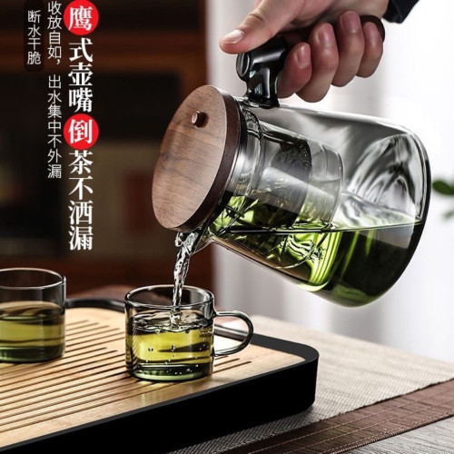飄逸杯泡茶壺2024新款胡桃木把手玻璃內膽一鍵過濾按壓式沖茶壺