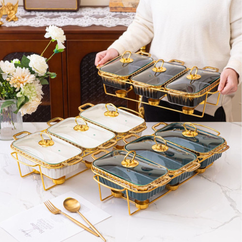 casserole三格雙耳陶瓷烤盤家用餐具加熱湯鍋乾鍋3pcs bake ware