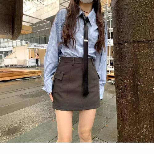 chic條紋長袖襯衫女秋季2023新款學院風設計感小衆寬松中長款開衫