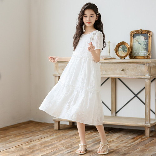 中大童女童連衣裙夏季提花肌理感甜美裙子2024新款兒童女孩公主裙