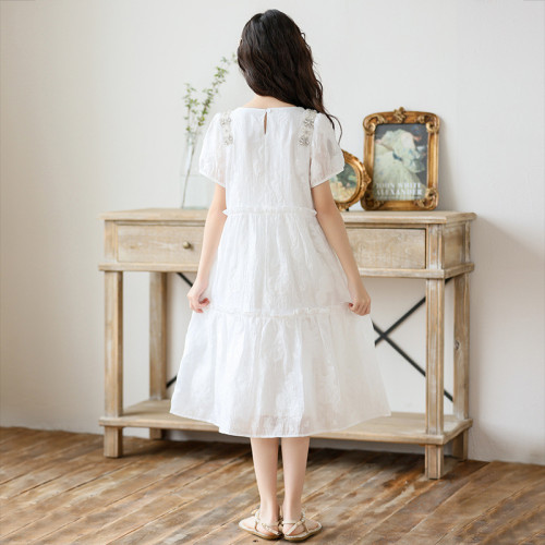 中大童女童連衣裙夏季提花肌理感甜美裙子2024新款兒童女孩公主裙