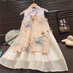 2025洋氣女童旗袍夏季新款兒童中式印花連衣裙長裙寶寶風裙子