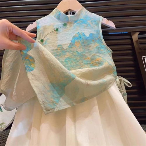 2025洋氣女童旗袍夏季新款兒童中式印花連衣裙長裙寶寶風裙子