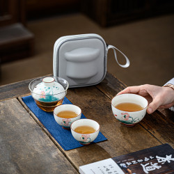 陶物集 手繪玻璃一壺三杯可攜式 旅行茶具釉下彩快客杯功夫茶具套裝