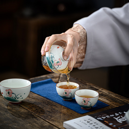 陶物集 手繪玻璃一壺三杯可攜式 旅行茶具釉下彩快客杯功夫茶具套裝
