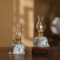 汝窰花卉復古煤油燈陶瓷酥油燈燈盞新書房臥室小夜燈燈具擺件