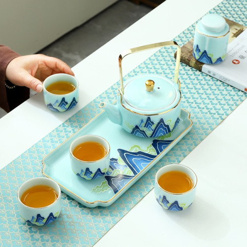 陶瓷提梁壺茶具套裝家用輕奢現代居家待客茶盤茶杯套裝大容量