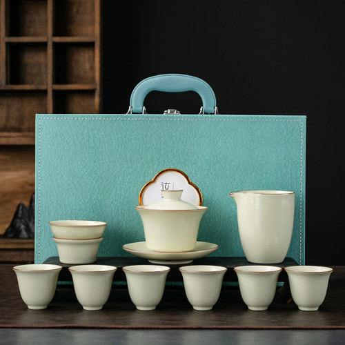 整套汝窰茶具陶瓷功夫茶具辦公家用簡約泡茶壺商務禮品伴手禮