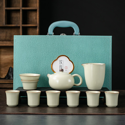 整套汝窰茶具陶瓷功夫茶具辦公家用簡約泡茶壺商務禮品伴手禮