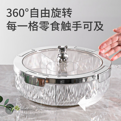 家用PET仿玻璃水果盤圓形乾果盤透明堅果盒密封小吃盒旋轉果罐