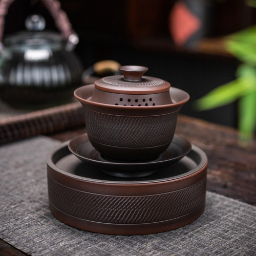 紫陶復古三才蓋碗泡茶碗茶杯紫砂功夫茶具家用半手工壺承防燙日式