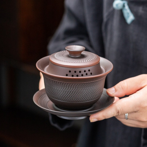 紫陶復古三才蓋碗泡茶碗茶杯紫砂功夫茶具家用半手工壺承防燙日式
