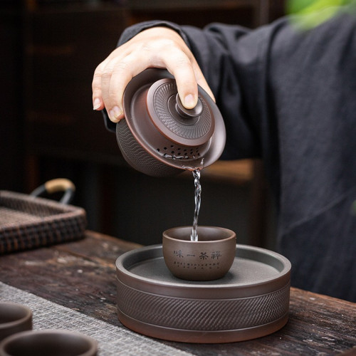 紫陶復古三才蓋碗泡茶碗茶杯紫砂功夫茶具家用半手工壺承防燙日式