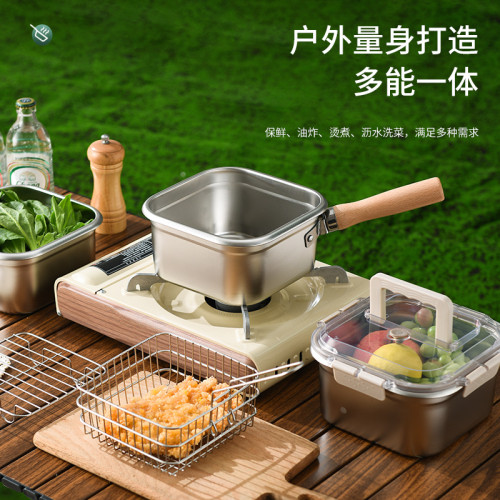 日式不鏽鋼方形油炸鍋家用奶鍋煮麵鍋戶外可攜式天婦羅炸鍋