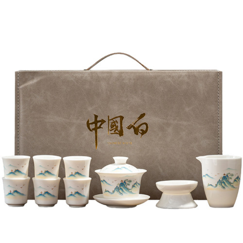 高檔羊脂玉白瓷功夫茶具套裝整套家用蓋碗茶杯禮盒裝商務伴手禮品