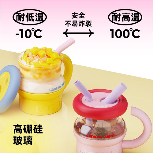 覽萌Lane Mouen玻璃吸管杯大容量女高顔值水杯喵喵杯高硼矽泡茶杯