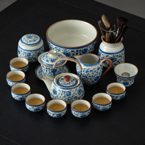 青花纏枝蓮功夫茶具套裝陶瓷茶杯汝瓷可養開片整套禮盒裝