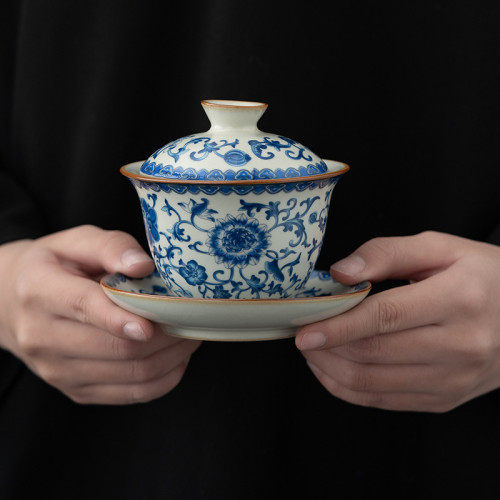 青花纏枝蓮功夫茶具套裝陶瓷茶杯汝瓷可養開片整套禮盒裝
