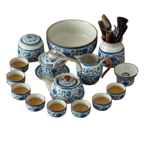 青花纏枝蓮功夫茶具套裝陶瓷茶杯汝瓷可養開片整套禮盒裝