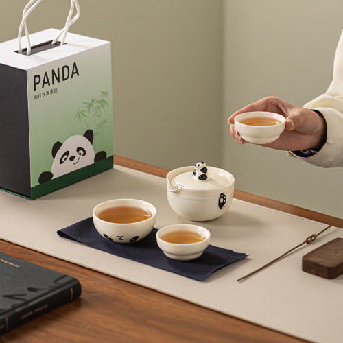 熊貓旅行茶具國潮文創一壺三杯陶瓷可攜式戶外隨身泡茶快客杯伴手禮