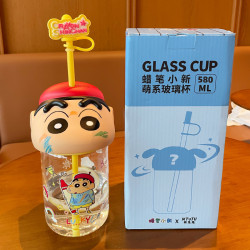 三福蠟筆小新玻璃杯女生高顔值水杯夏天卡通可愛吸管杯子學生禮物