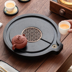 2025新款仿烏金石圓形石磨茶盤家用瀝水盤茶托盤茶具茶海套裝乾泡
