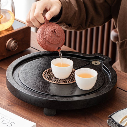 2025新款仿烏金石圓形石磨茶盤家用瀝水盤茶托盤茶具茶海套裝乾泡