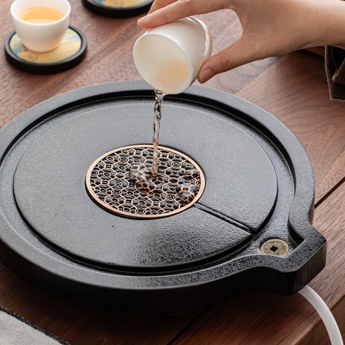 2025新款仿烏金石圓形石磨茶盤家用瀝水盤茶托盤茶具茶海套裝乾泡