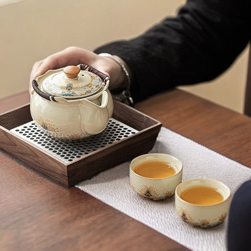 米黃汝窰手抓壺泡茶蓋碗茶杯單個家用高檔防燙茶碗一人飲小壺茶具