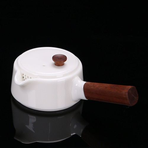 黑檀木白瓷茶壺陶瓷羊脂玉瓷帶過濾側把泡茶壺