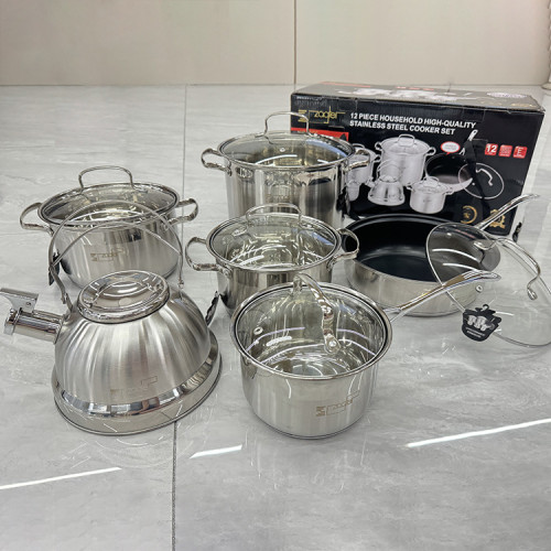 不鏽鋼套裝鍋12PCS加厚水壺奶鍋湯鍋煎鍋具禮品套裝出口