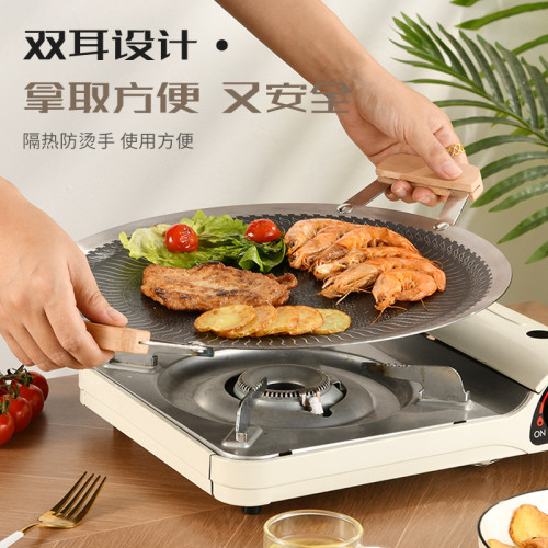 圓形麥飯石烤肉盤戶外露營可攜式燒烤盤韓式不沾煎牛排鐵盤烤肉盤