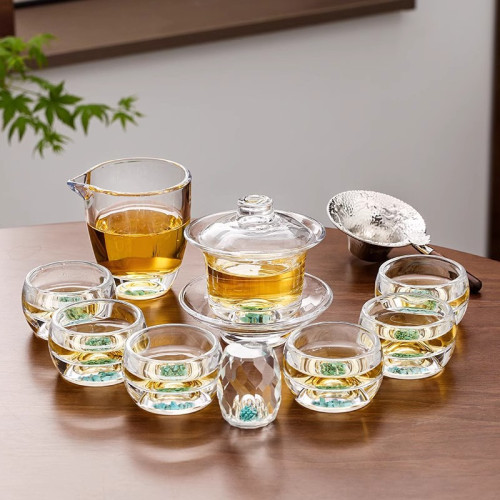 綠松石水晶玻璃茶具套裝輕奢蓋碗茶杯高級家用整套功夫茶具可定