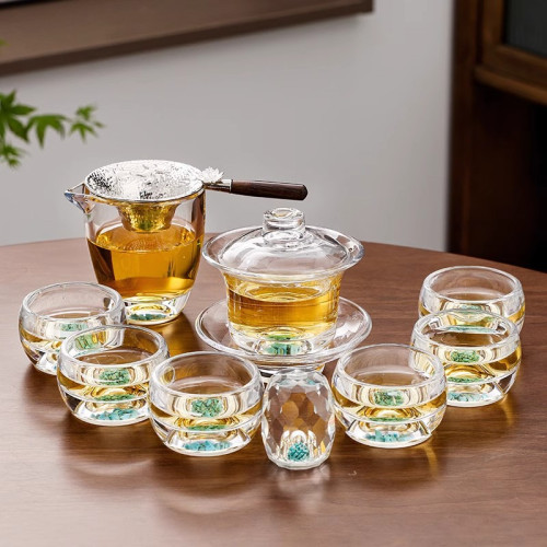 綠松石水晶玻璃茶具套裝輕奢蓋碗茶杯高級家用整套功夫茶具可定