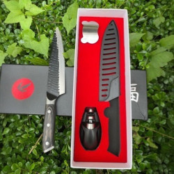 廚師刀具套裝四件套禮品盒裝8寸黑刃鎚紋刀具配刀套磨刀器護手切