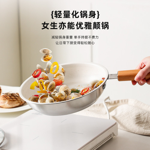 網紅麥飯石加厚煎鍋家用廚房炒鍋木柄平底炒菜鍋帶蓋不沾煎鍋