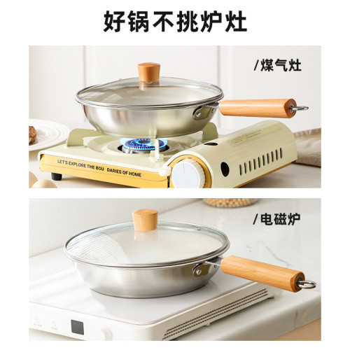 網紅麥飯石加厚煎鍋家用廚房炒鍋木柄平底炒菜鍋帶蓋不沾煎鍋