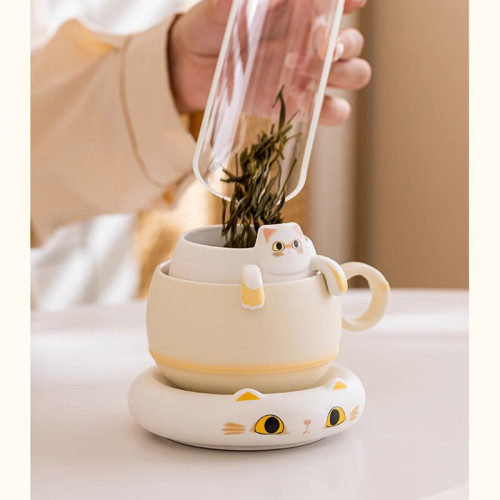招財貓泡茶杯茶杯陶瓷茶水分離馬克杯創意咖啡杯男女水杯伴手禮物