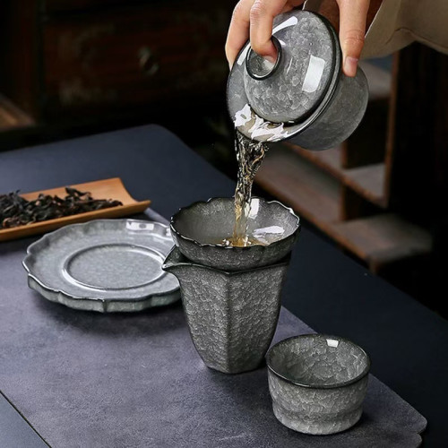 黑冰開片三才蓋碗陶瓷功夫茶具套裝家用高檔冰花泡茶碗茶杯公道杯