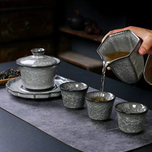 黑冰開片三才蓋碗陶瓷功夫茶具套裝家用高檔冰花泡茶碗茶杯公道杯