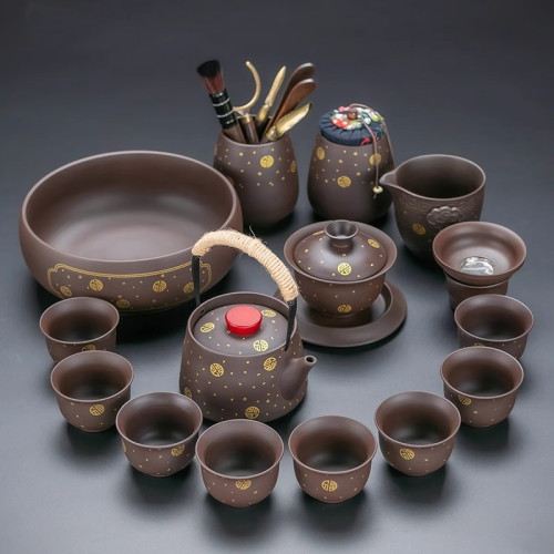 描金紫砂提梁壺功夫茶具高檔禮盒泡茶專用茶具套裝復古整套泡茶器