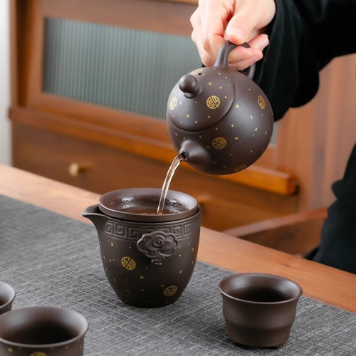 描金紫砂提梁壺功夫茶具高檔禮盒泡茶專用茶具套裝復古整套泡茶器