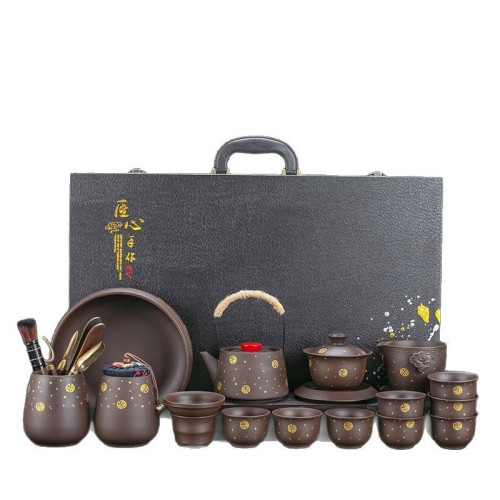 描金紫砂提梁壺功夫茶具高檔禮盒泡茶專用茶具套裝復古整套泡茶器