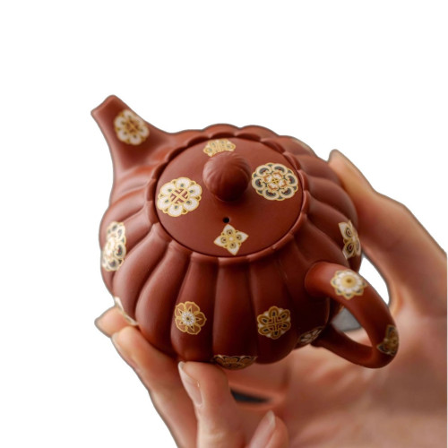 紫砂寶相花小南瓜壺宜興紫砂泡茶壺家用喝茶壺硃泥大紅袍純手工壺
