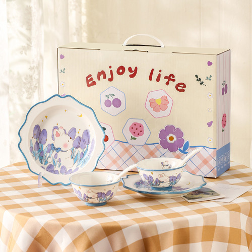 可愛高級感餐具禮盒碗盤勺一整套歐式陶瓷碗禮品簡約套裝喬遷禮物