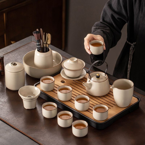 米黃汝窰功夫茶具套裝家用陶瓷茶壺蓋碗茶杯茶盤輕奢高檔中式