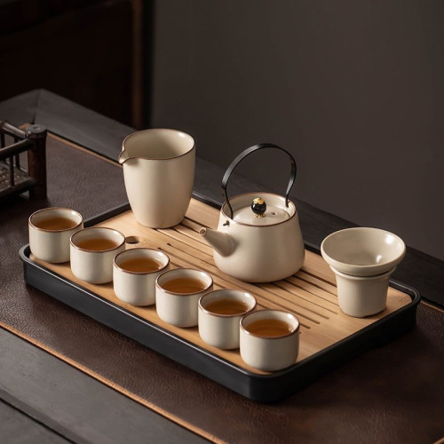 米黃汝窰功夫茶具套裝家用陶瓷茶壺蓋碗茶杯茶盤輕奢高檔中式